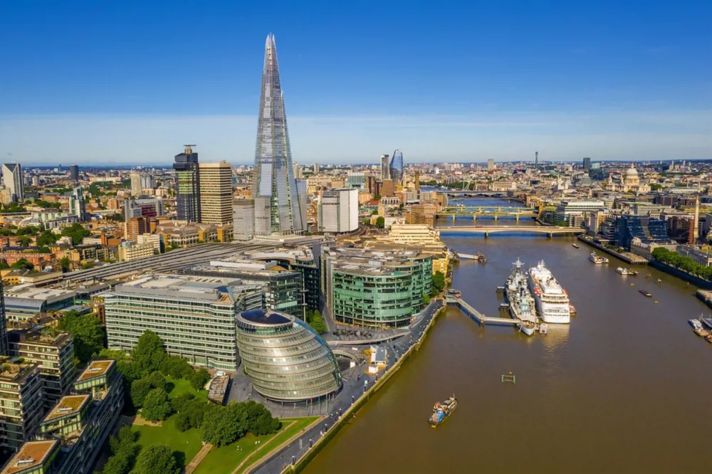 Aerial view of a business district filled with towers