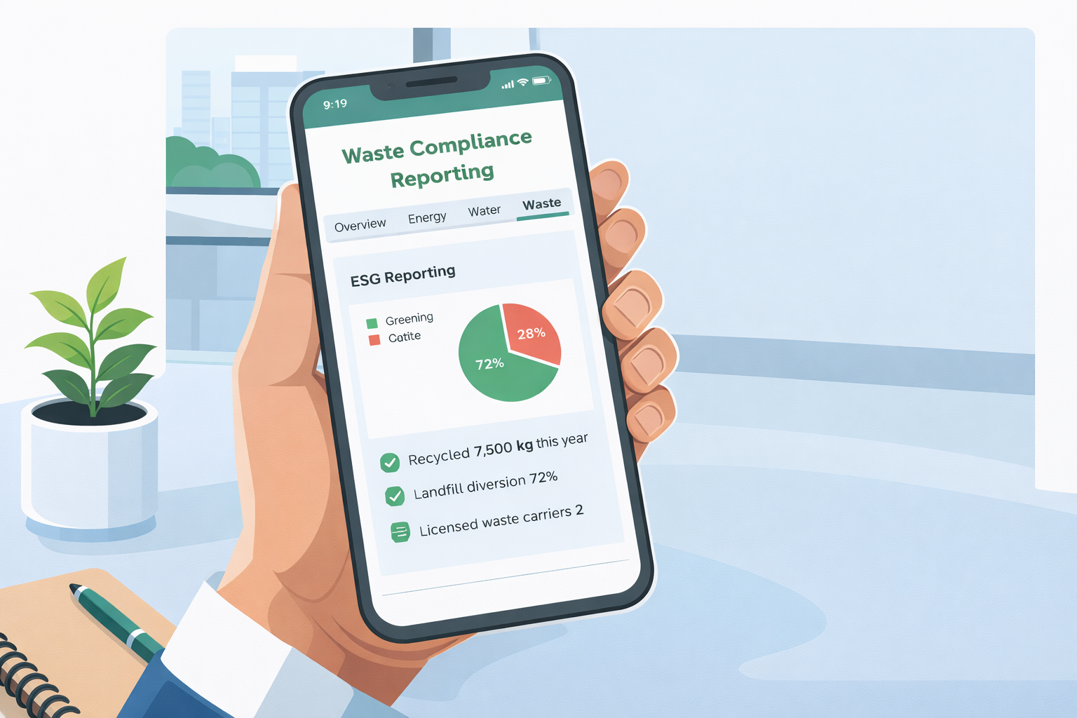 Waste compliance esg reporting app shown on device