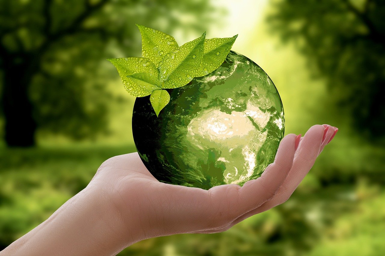 Green planet earth held in hand with a leaf