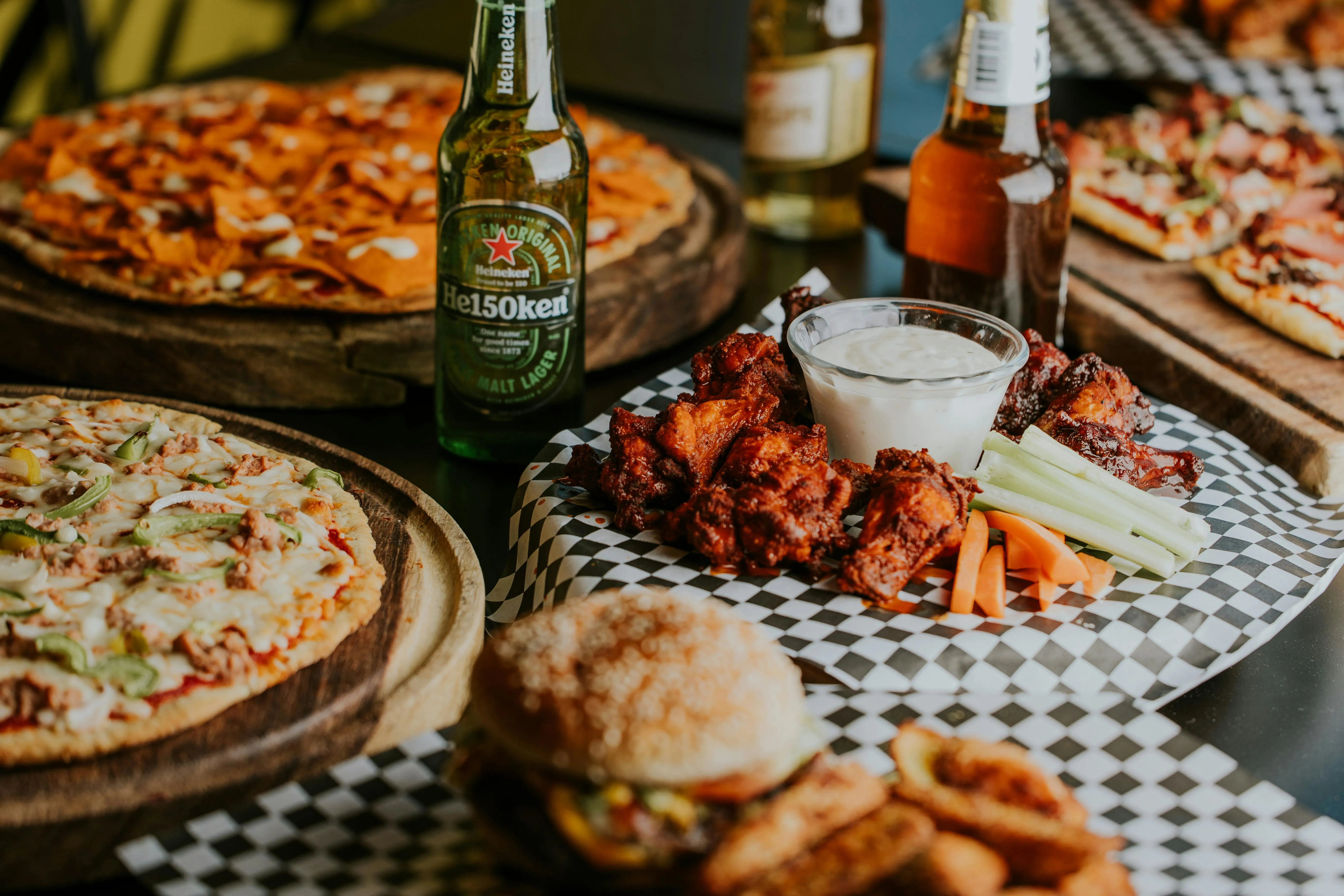 pub food chicken wings burgers and beer