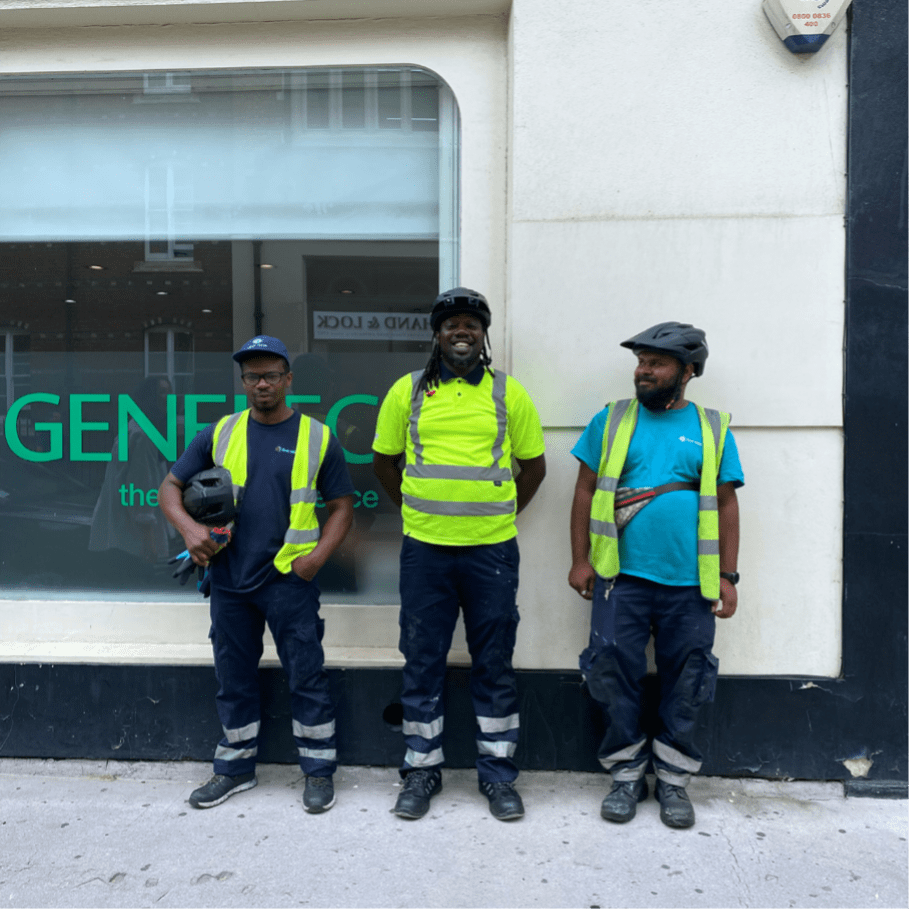 First Mile workers outside a storefront