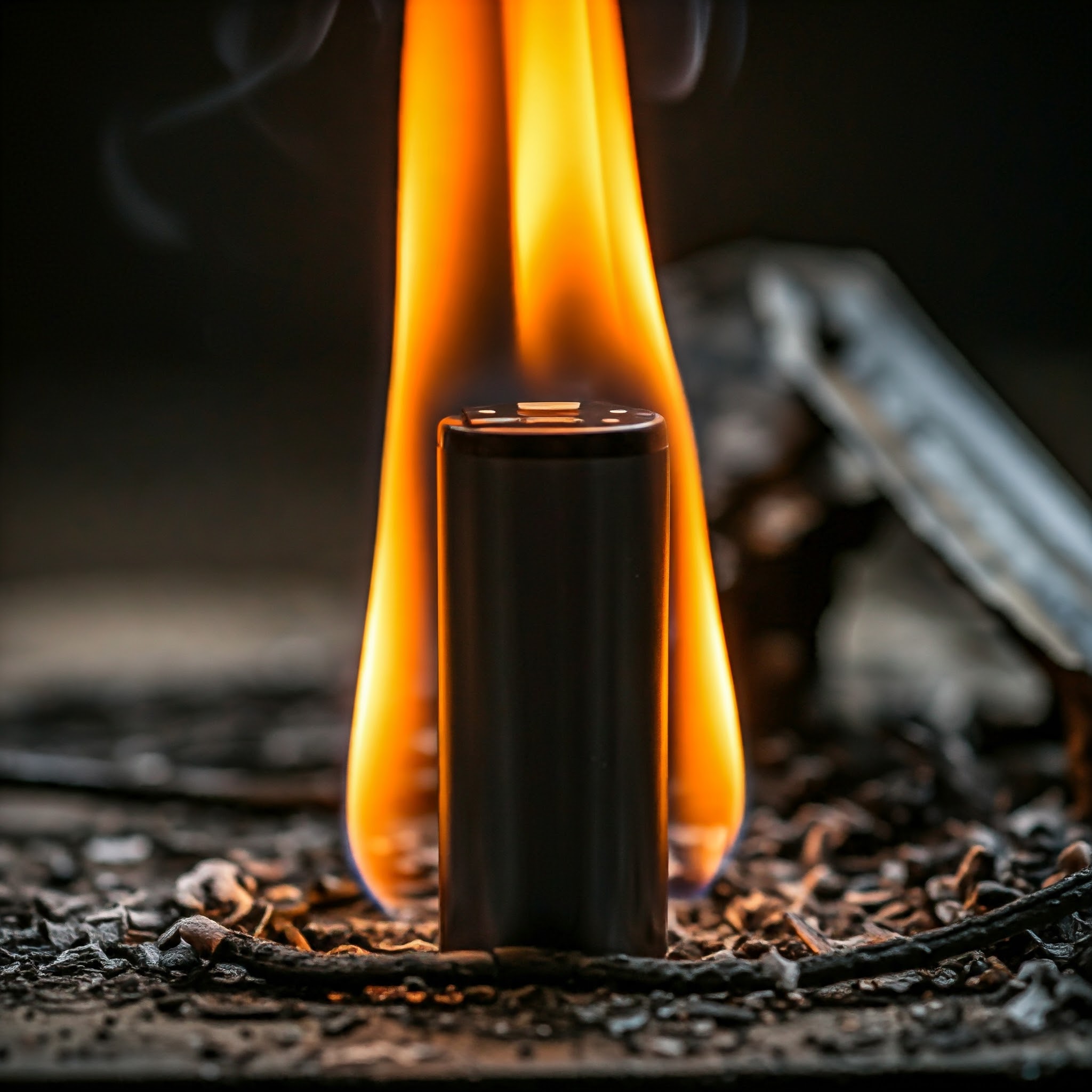 Computer-generated artistic image featuring a flame surrounding a battery